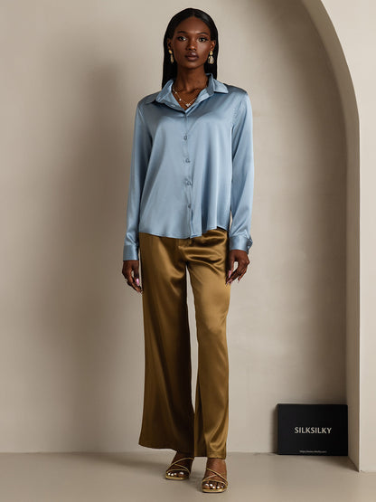 Rosstef 19Momme Silk Long Sleeve Lapel Collar Kadın Giyimi