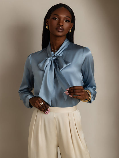 Rosstef 19Momme Silk Long Sleeve Tie Neck Blouse