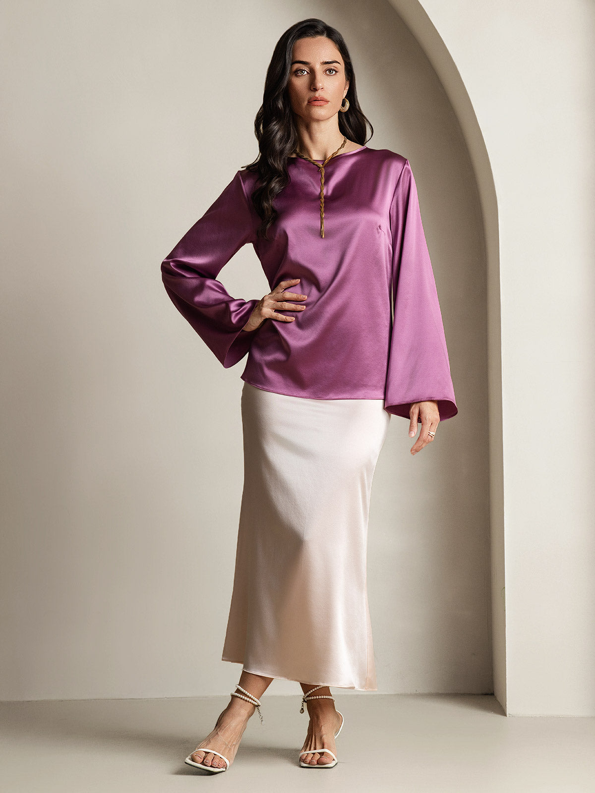 Rosstef 19Momme Silk Bell Sleeve Boat Neck Kadın Giyimi