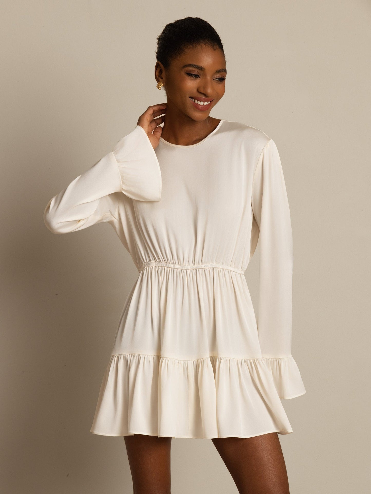 Rosstef 19Momme Stretch Silk Ruffle Sleeves Short Dress