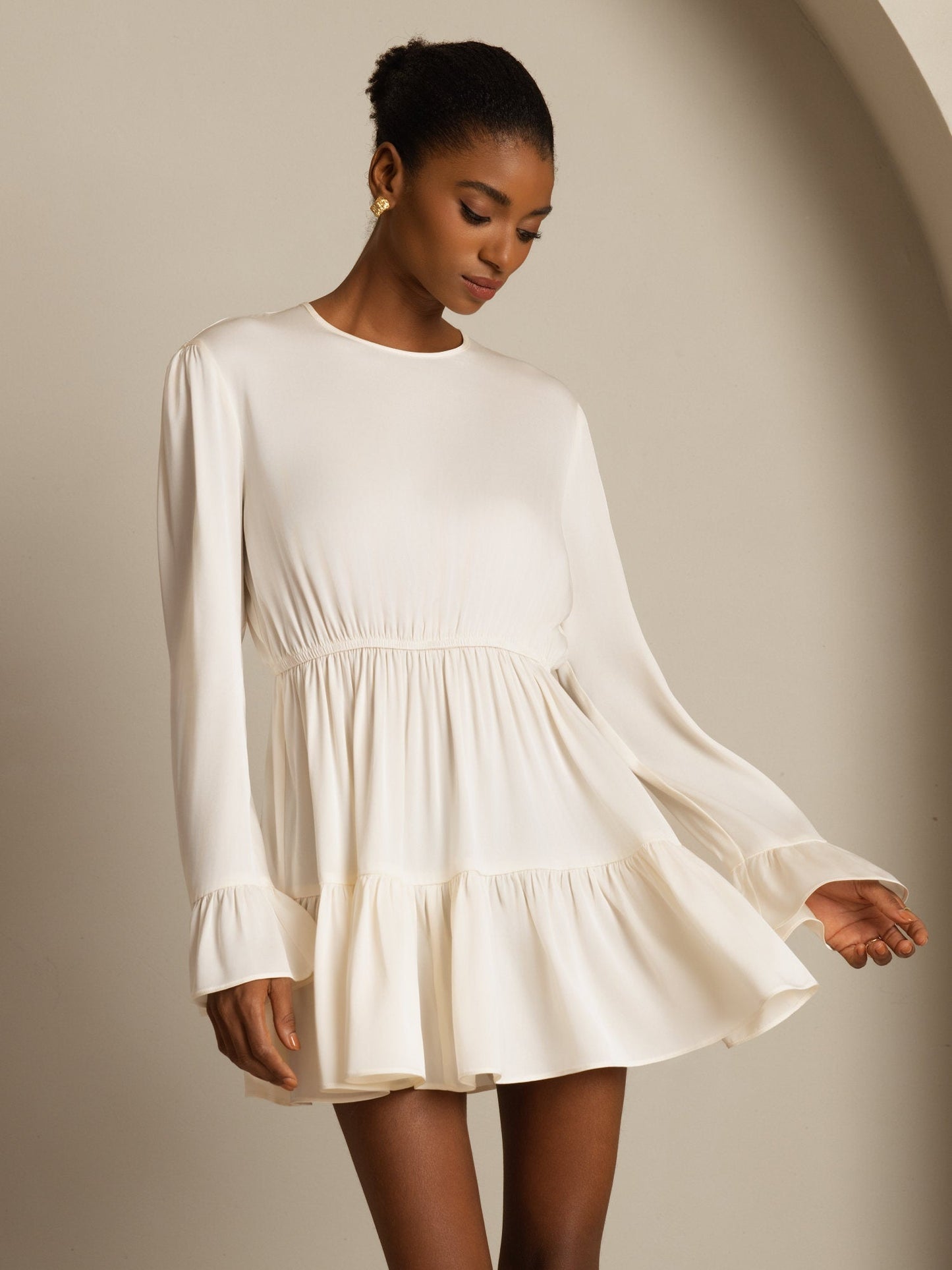 Rosstef 19Momme Stretch Silk Ruffle Sleeves Short Dress
