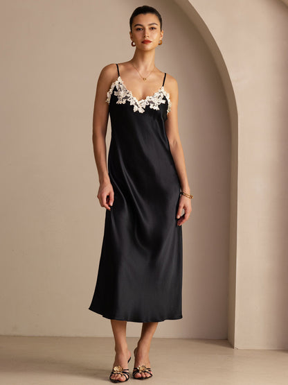 Rosstef Mulberry Silk V Neck Midi Dress with Lace
