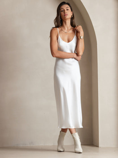 Rosstef 100% Mulberry Silk Spaghetti Strap V Neck Midi Dress