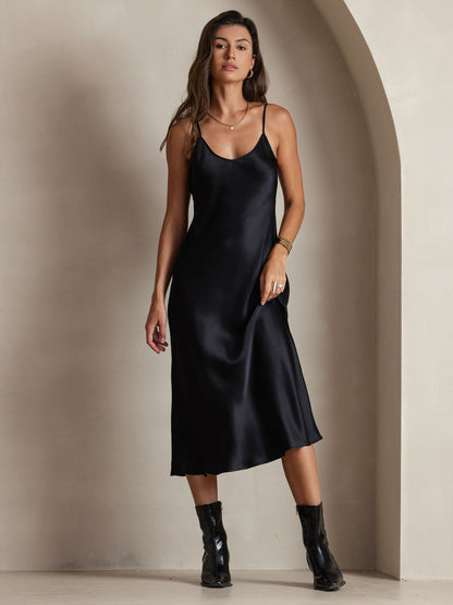 Rosstef 100% Mulberry Silk Spaghetti Strap V Neck Midi Dress