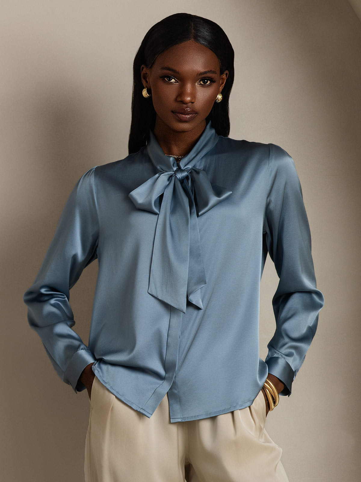 Rosstef 19Momme Silk Long Sleeve Tie Neck Blouse