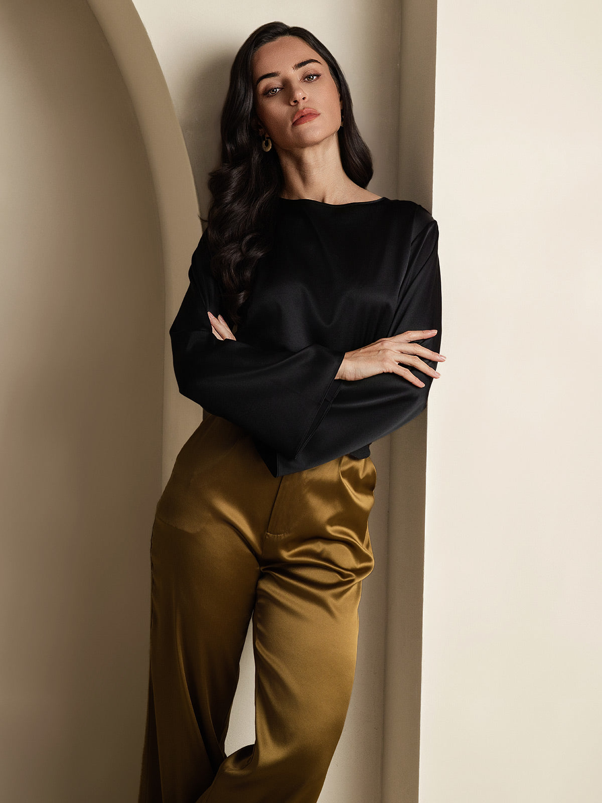 Rosstef 19Momme Silk Bell Sleeve Boat Neck Kadın Giyimi