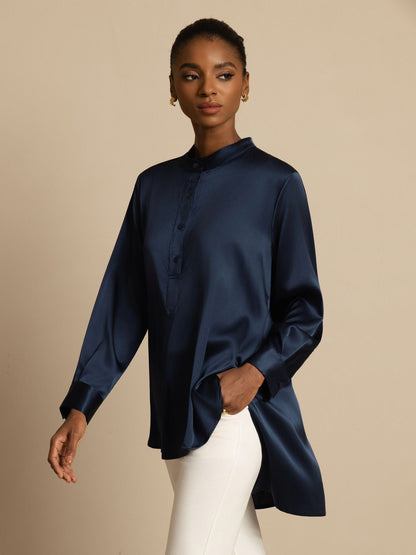 Rosstef 19Momme Silk Flex Stand Collar High-Low Bluse