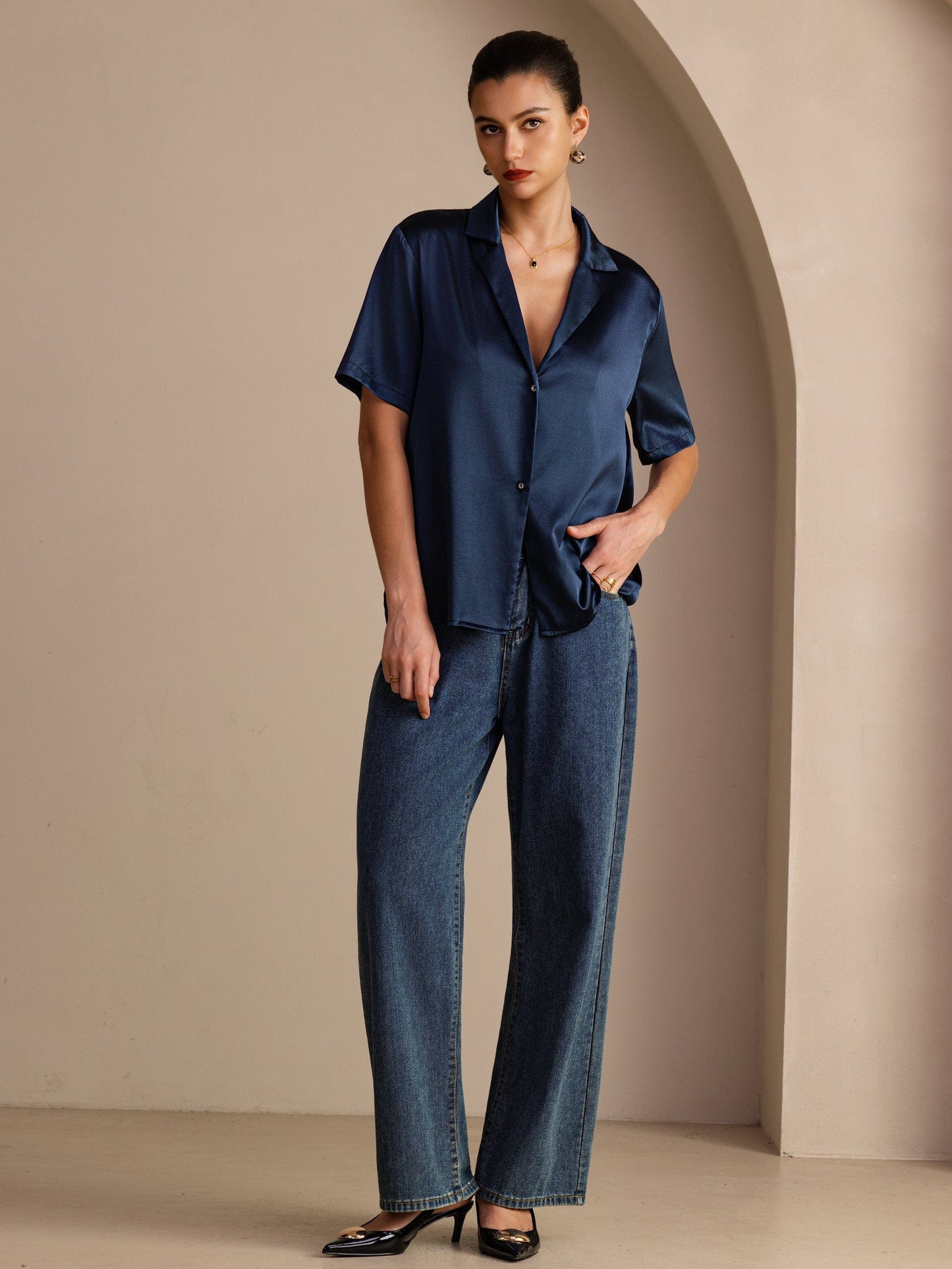 Rosstef 19Momme Silk Short Sleeve Notched Lapel Kadın Elbisesi