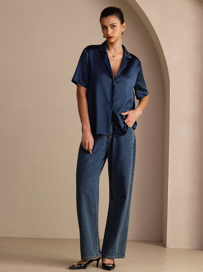 Rosstef 19Momme Silk Short Sleeve Notched Lapel Kadın Elbisesi