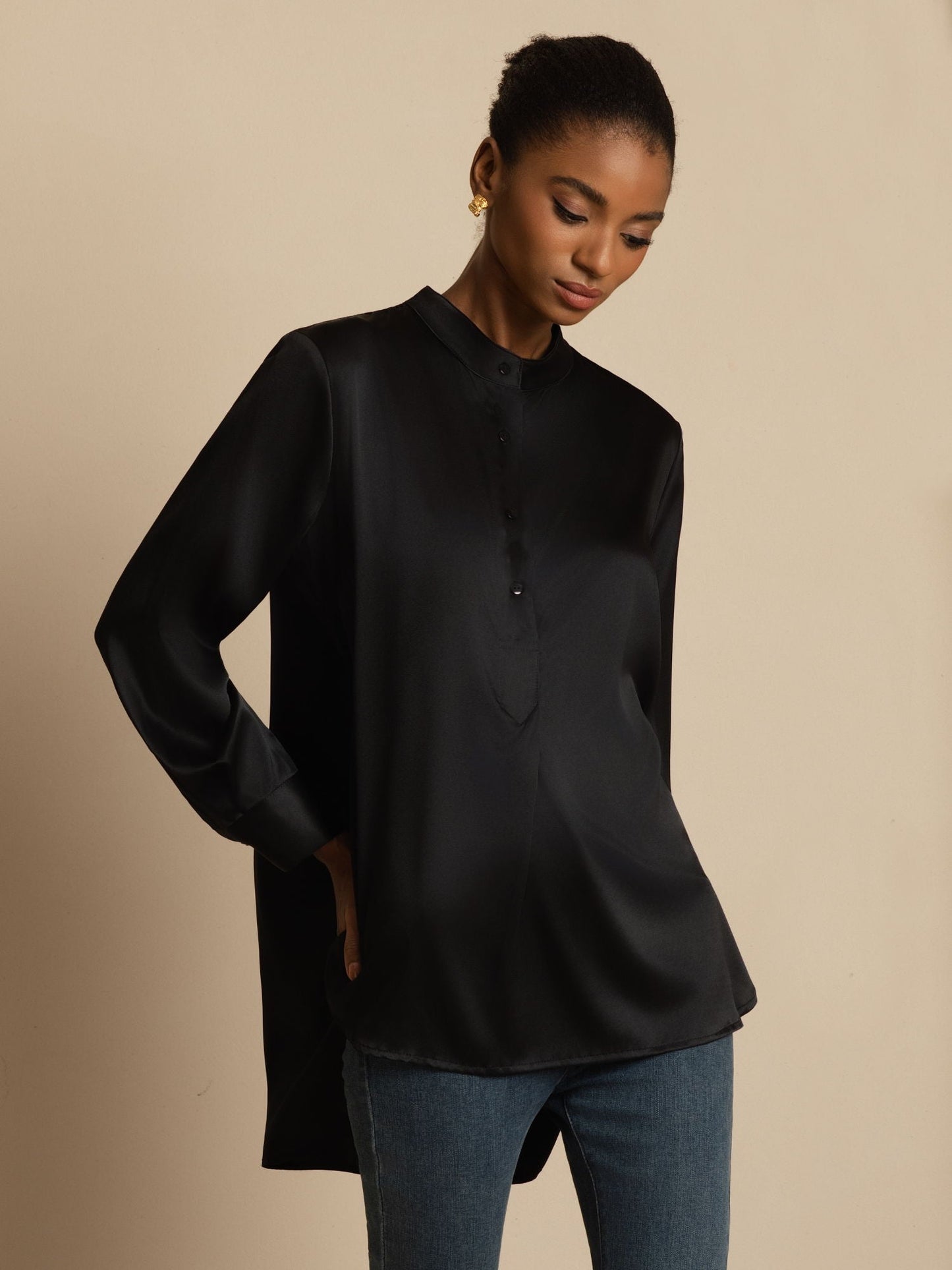 Rosstef 19Momme Silk Flex Stand Collar High-Low Bluse