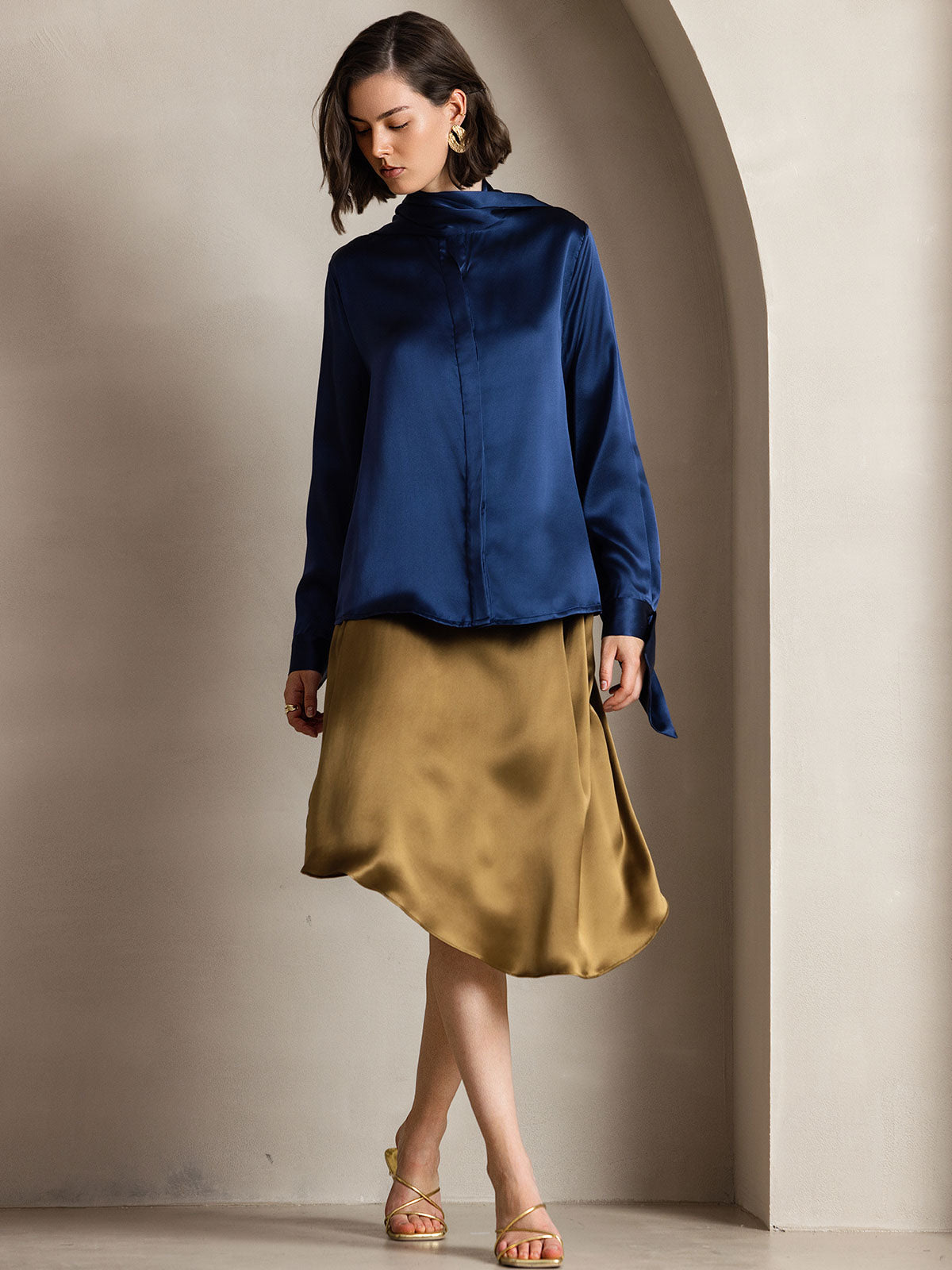 Rosstef 19Momme Silk Long Sleeve High Neck Blouse