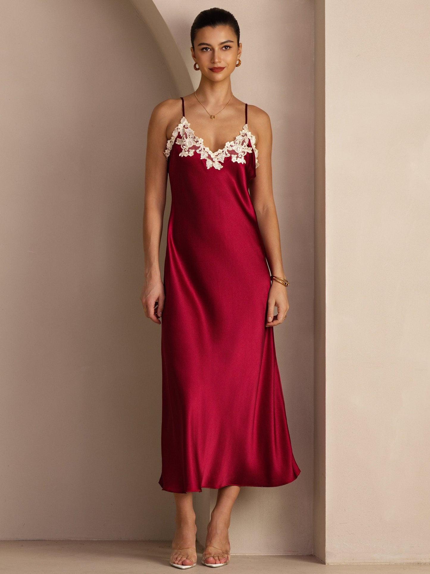 Rosstef Mulberry Silk V Neck Midi Dress with Lace
