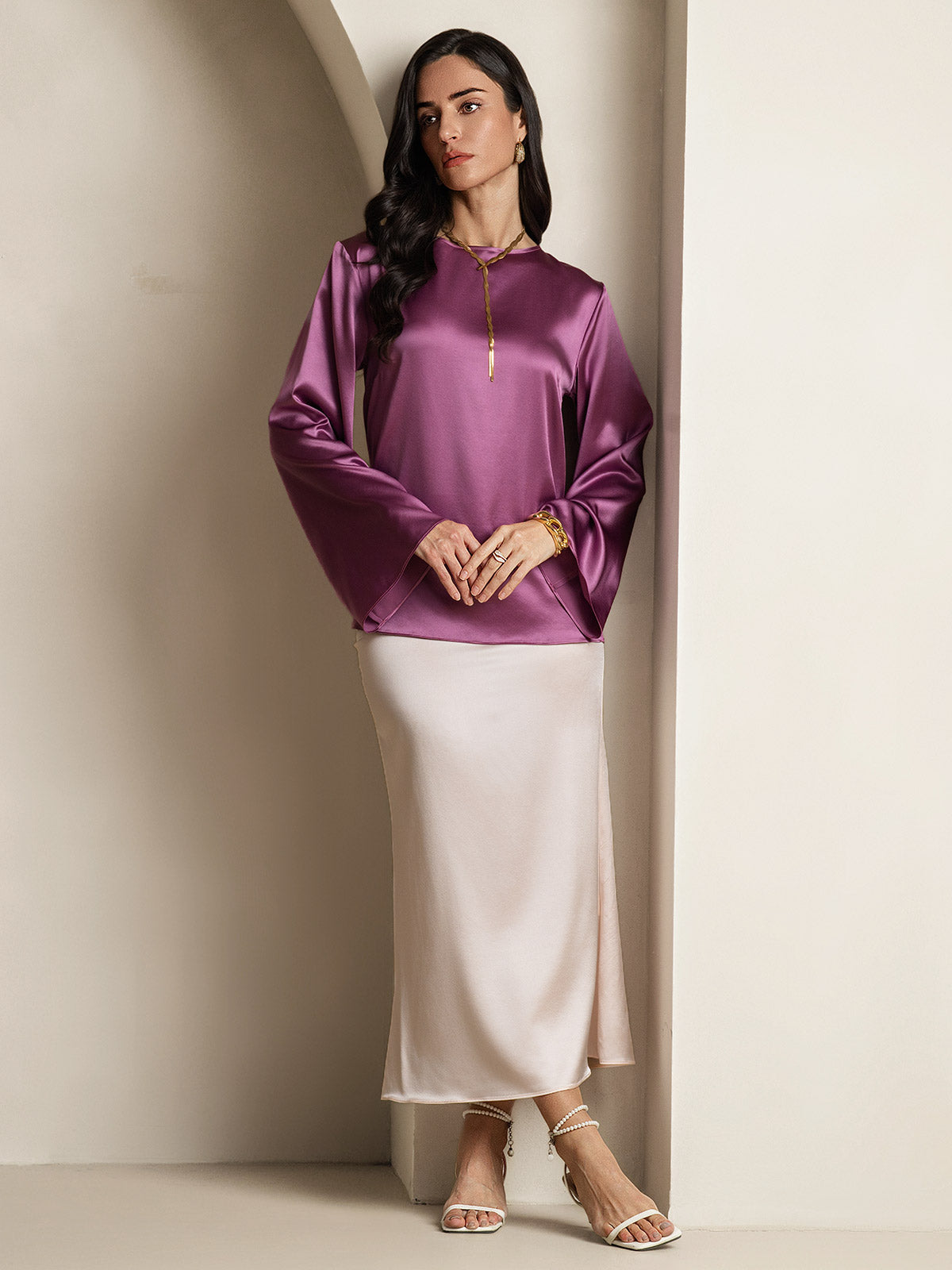 Rosstef 19Momme Silk Bell Sleeve Boat Neck Kadın Giyimi