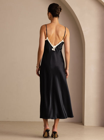 Rosstef Mulberry Silk V Neck Midi Dress with Lace