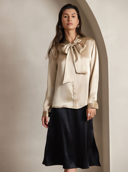 Rosstef 19Momme Silk Long Sleeve Tie Neck Blouse