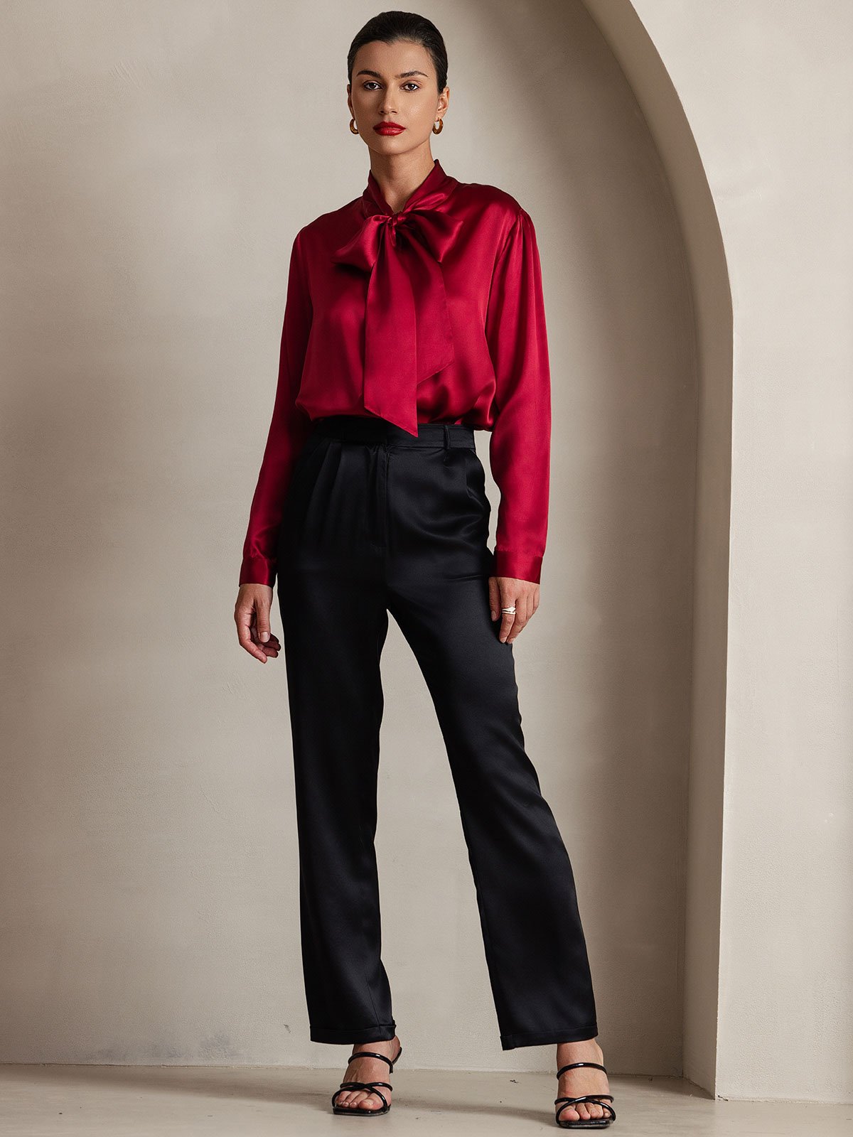 Rosstef 19Momme Silk Long Sleeve Tie Neck Blouse