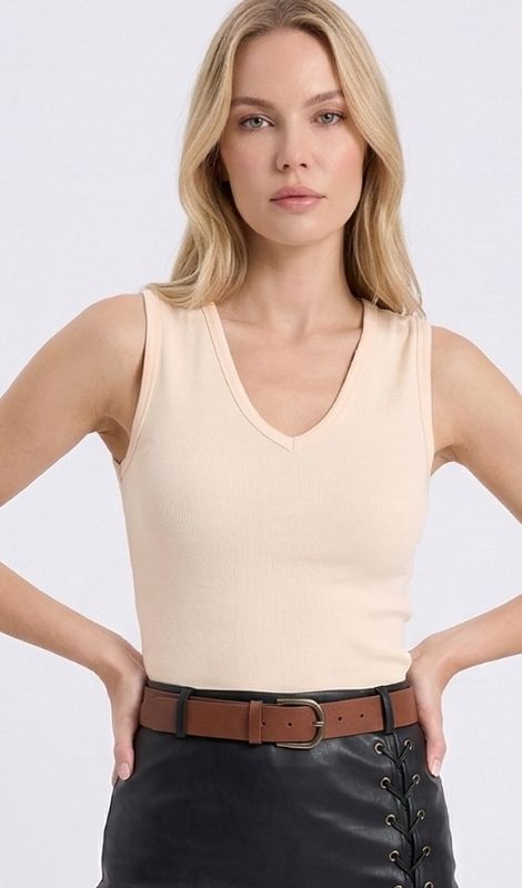 Pearl Büzgülü V-Yaka Pamuklu Ribanalı Bej Bluz