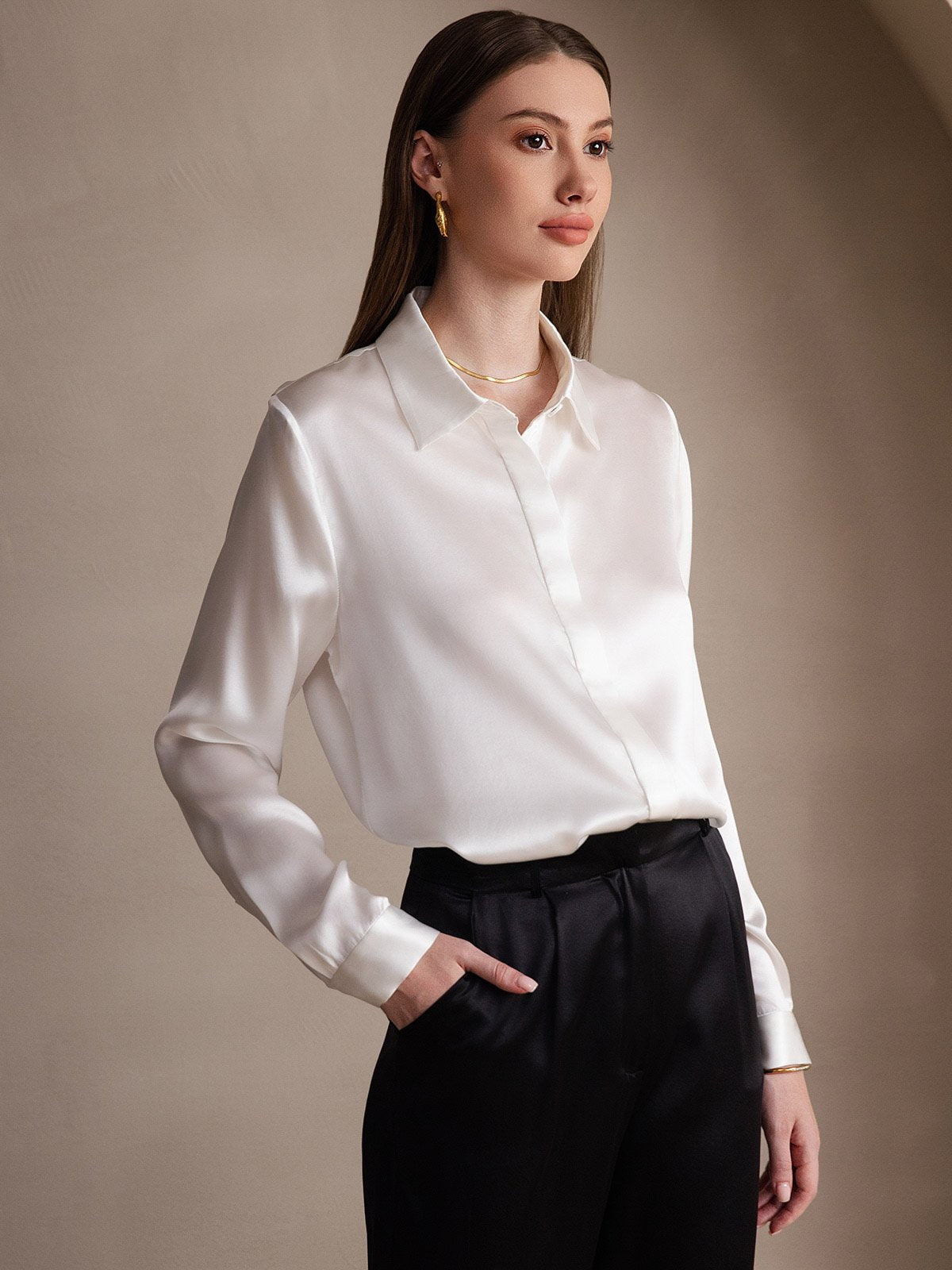 Rosstef 19Momme Silk Long Sleeve Lapel Collar Kadın Bluzu