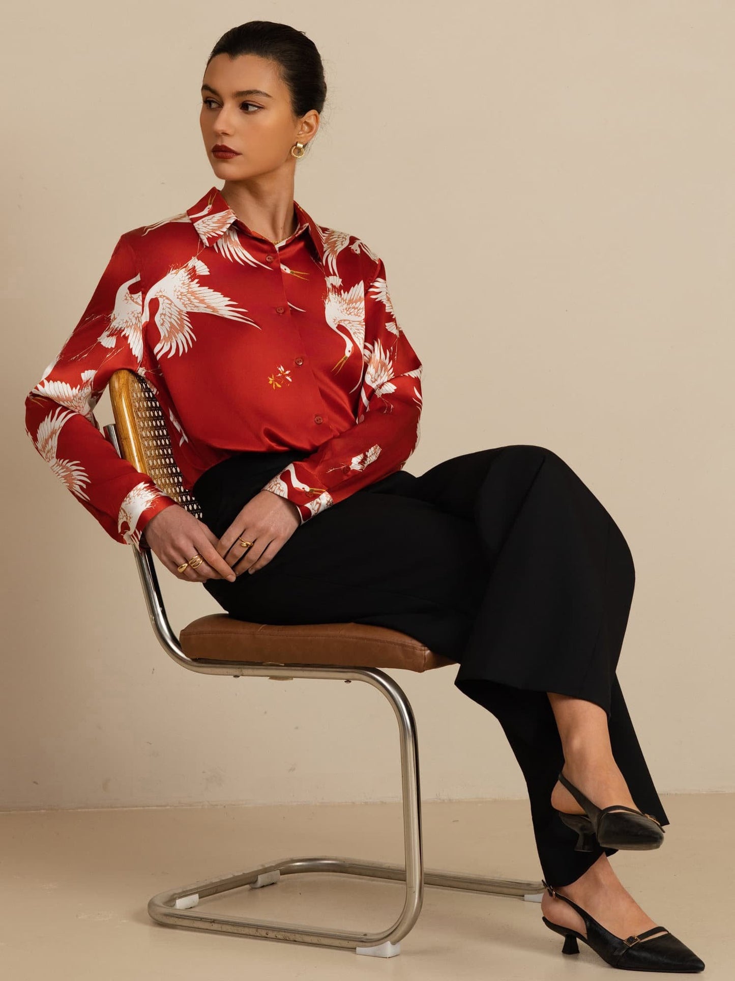 Rosstef 100% Mulberry Silk Long Sleeve Lapel Collar Women's Crane Print Button Blouse