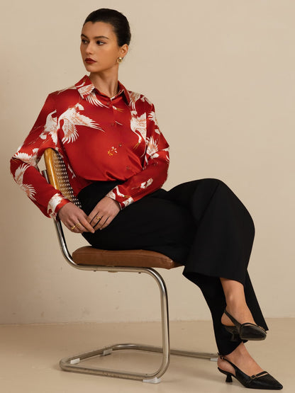 Rosstef 100% Mulberry Silk Long Sleeve Lapel Collar Women's Crane Print Button Blouse