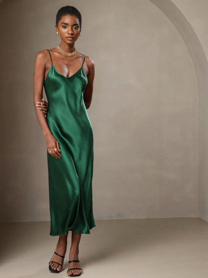 Rosstef 100% Mulberry Silk Spaghetti Strap V Neck Midi Dress