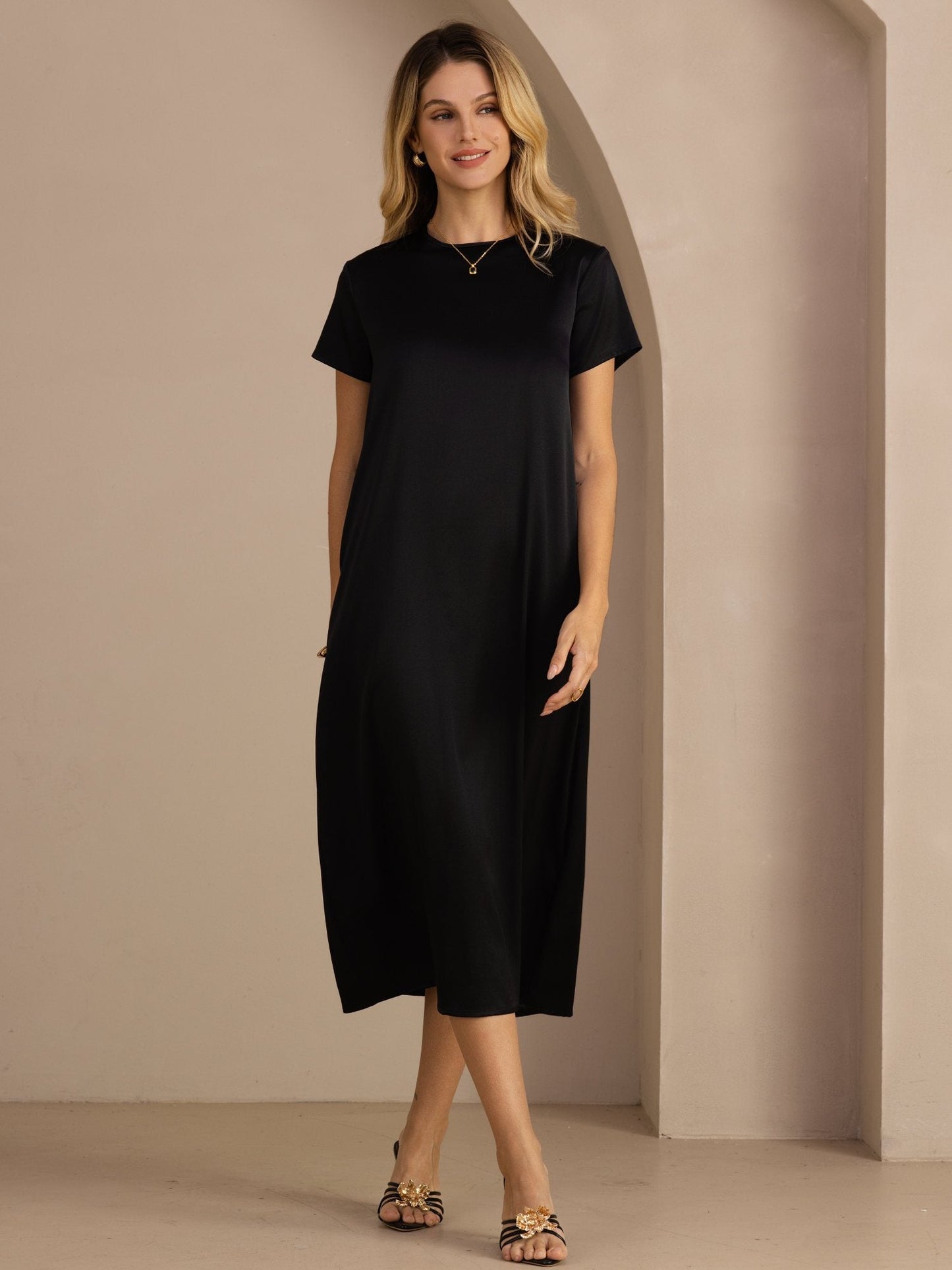 Rosstef 19Momme Silk Midi Dress With Side Pockets