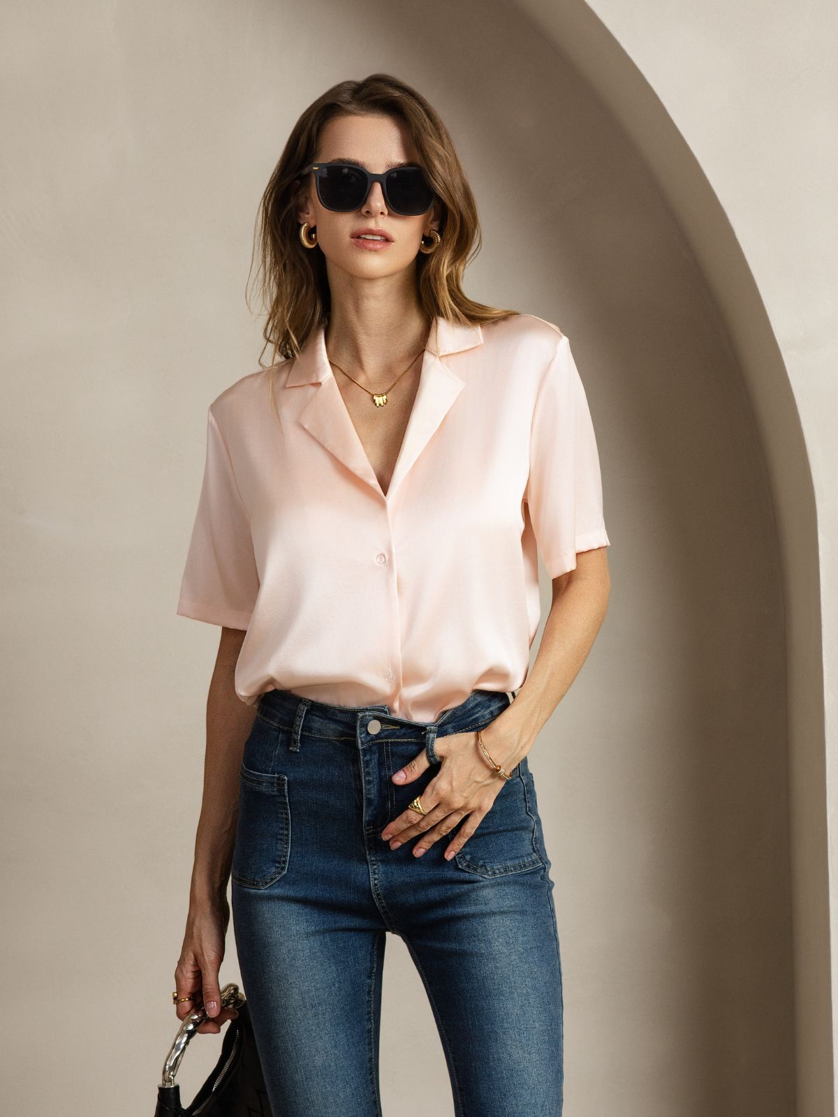 Rosstef 19Momme Silk Short Sleeve Notched Lapel Kadın Elbisesi