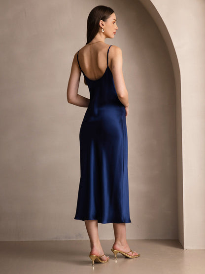 Rosstef 100% Mulberry Silk Spaghetti Strap V Neck Midi Dress