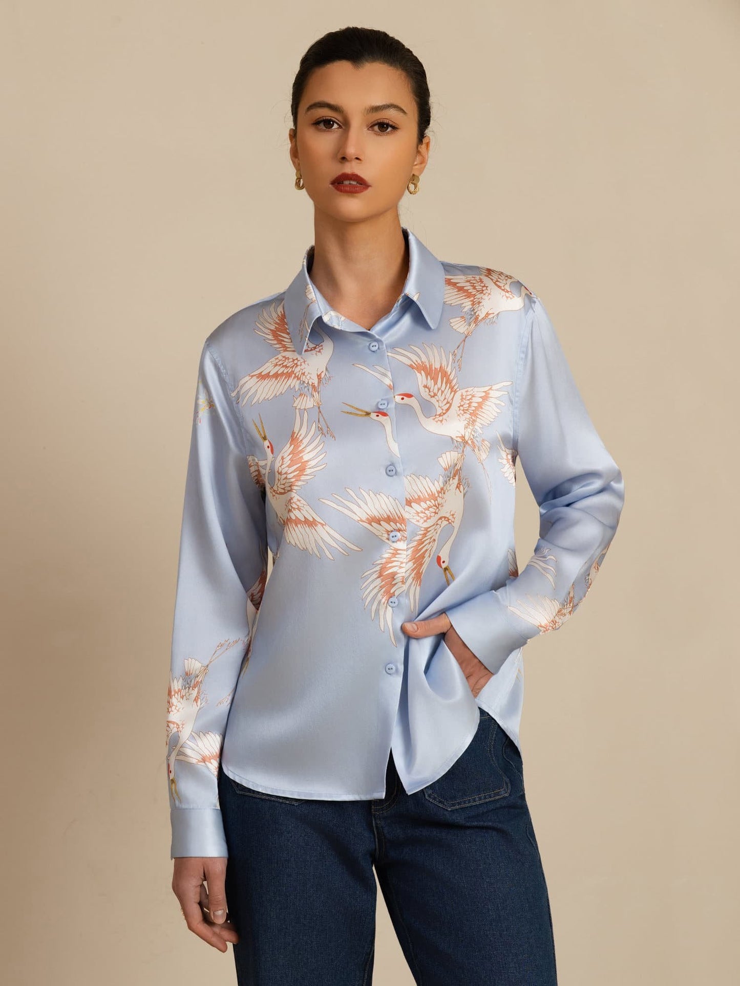 Rosstef 100% Mulberry Silk Long Sleeve Lapel Collar Women's Crane Print Button Blouse