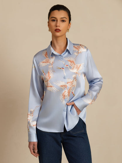 Rosstef 100% Mulberry Silk Long Sleeve Lapel Collar Women's Crane Print Button Blouse