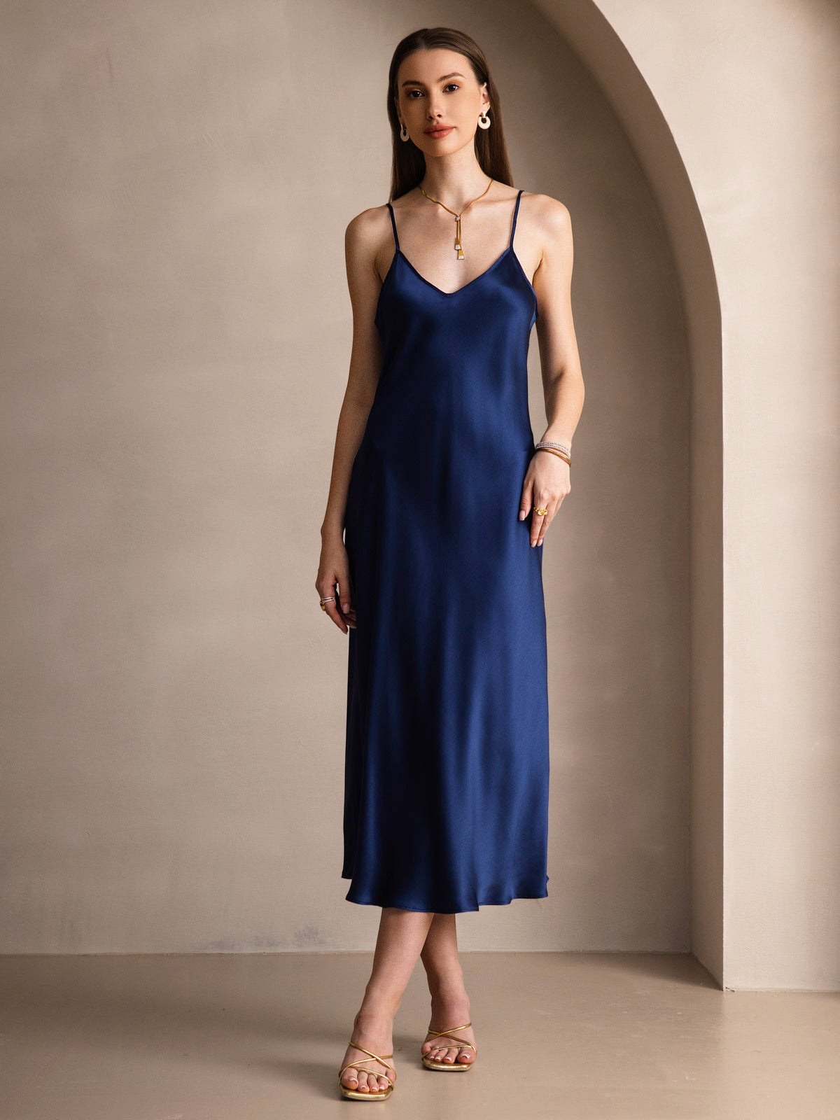 Rosstef 100% Mulberry Silk Spaghetti Strap Midi Long Dress