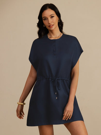 Rosstef Pure Silk Henley Neck Cap Sleeve Short Dress
