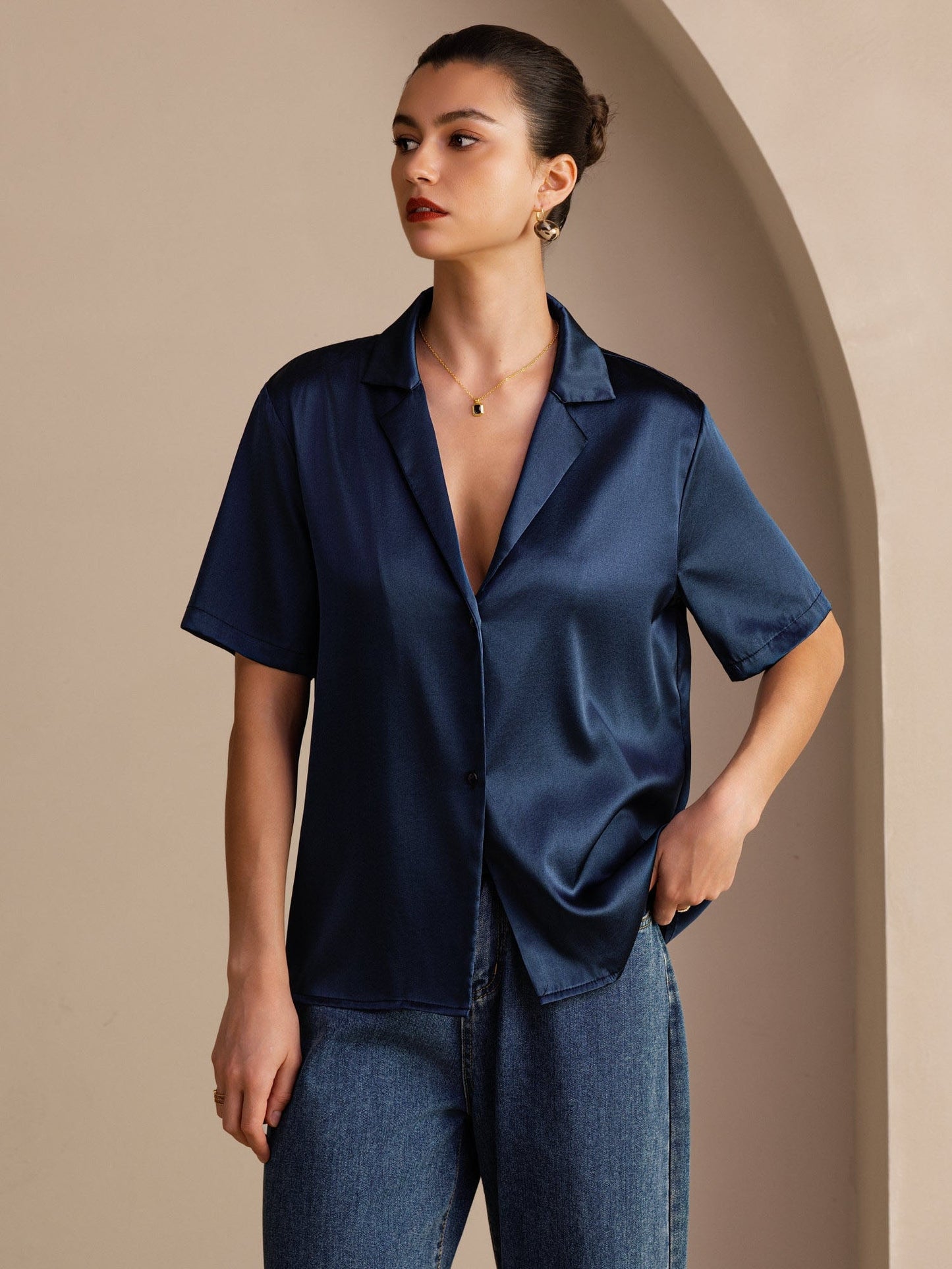 Rosstef 19Momme Silk Short Sleeve Notched Lapel Kadın Elbisesi
