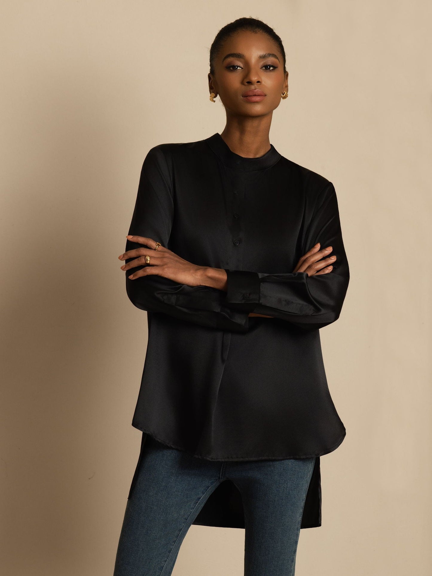 Rosstef 19Momme Silk Flex Stand Collar High-Low Bluse