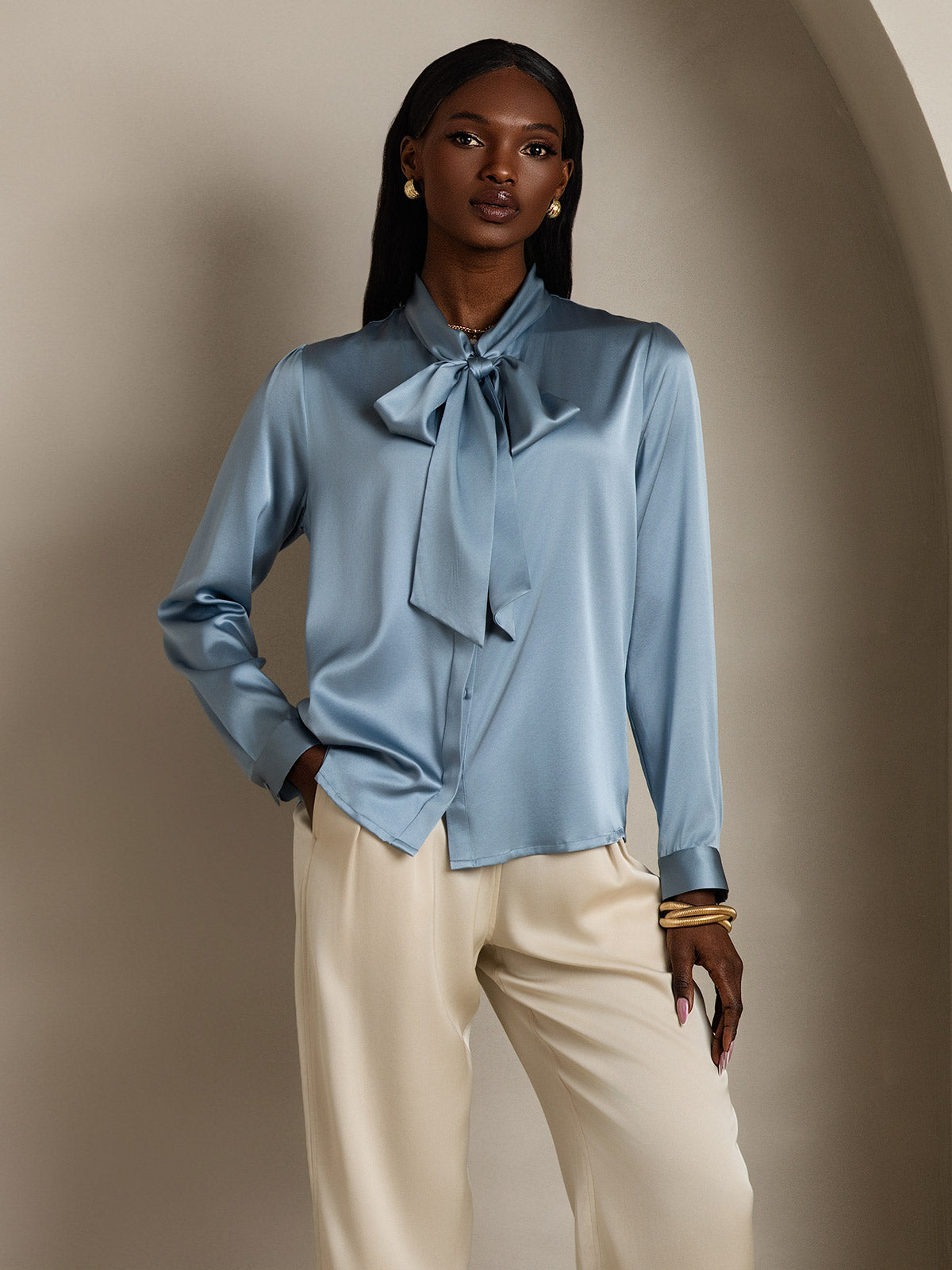 Rosstef 19Momme Silk Long Sleeve Tie Neck Blouse