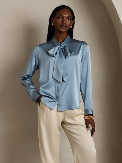 Rosstef 19Momme Silk Long Sleeve Tie Neck Blouse