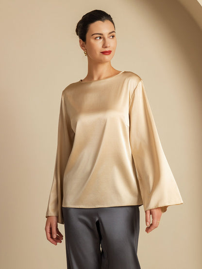 Rosstef 19Momme Silk Bell Sleeve Boat Neck Kadın Giyimi