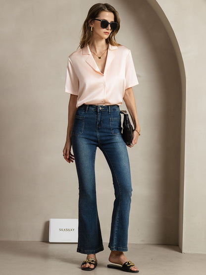 Rosstef 19Momme Silk Short Sleeve Notched Lapel Kadın Elbisesi