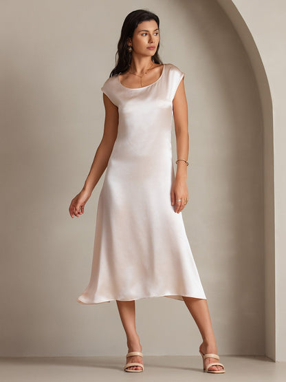 Rosstef 19Momme Silk Cap Sleeve Round Neck Midi Dress