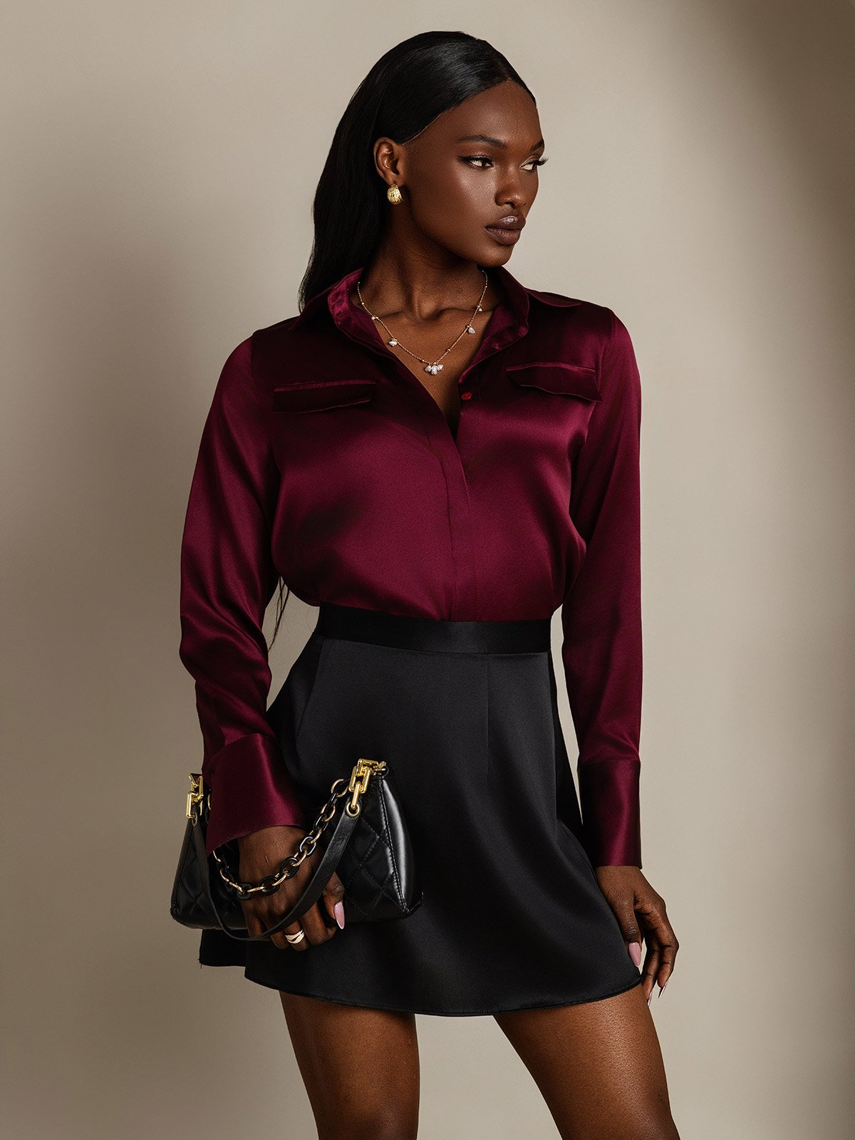 Rosstef 19Momme Silk Long Sleeve Lapel Collar Military Shirt
