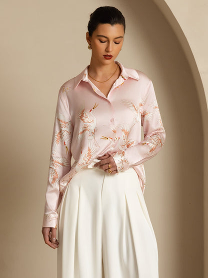 Rosstef 100% Mulberry Silk Long Sleeve Lapel Collar Women's Crane Print Button Blouse