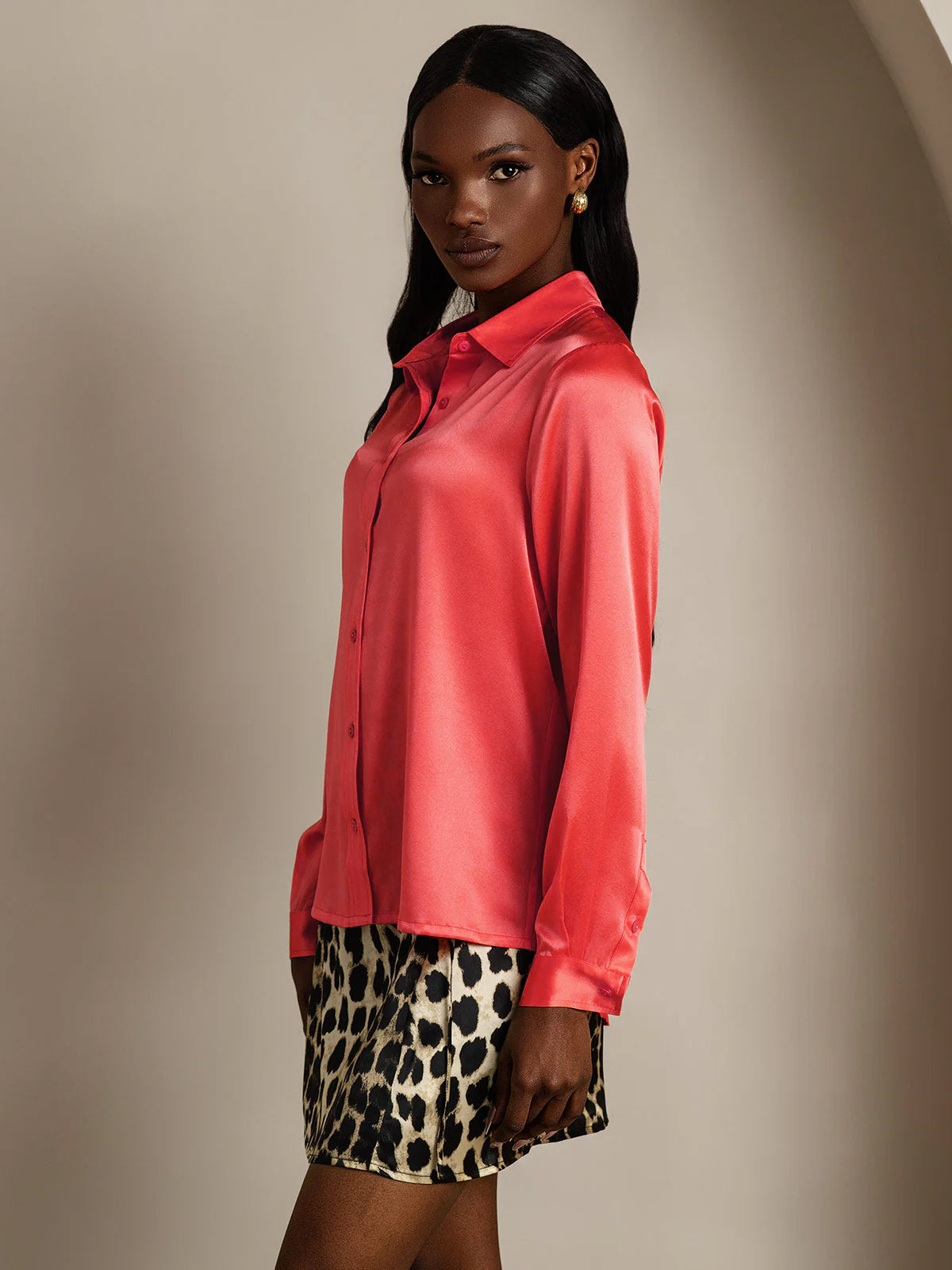 Rosstef 19Momme Silk Long Sleeve Lapel Collar Women's Shirt