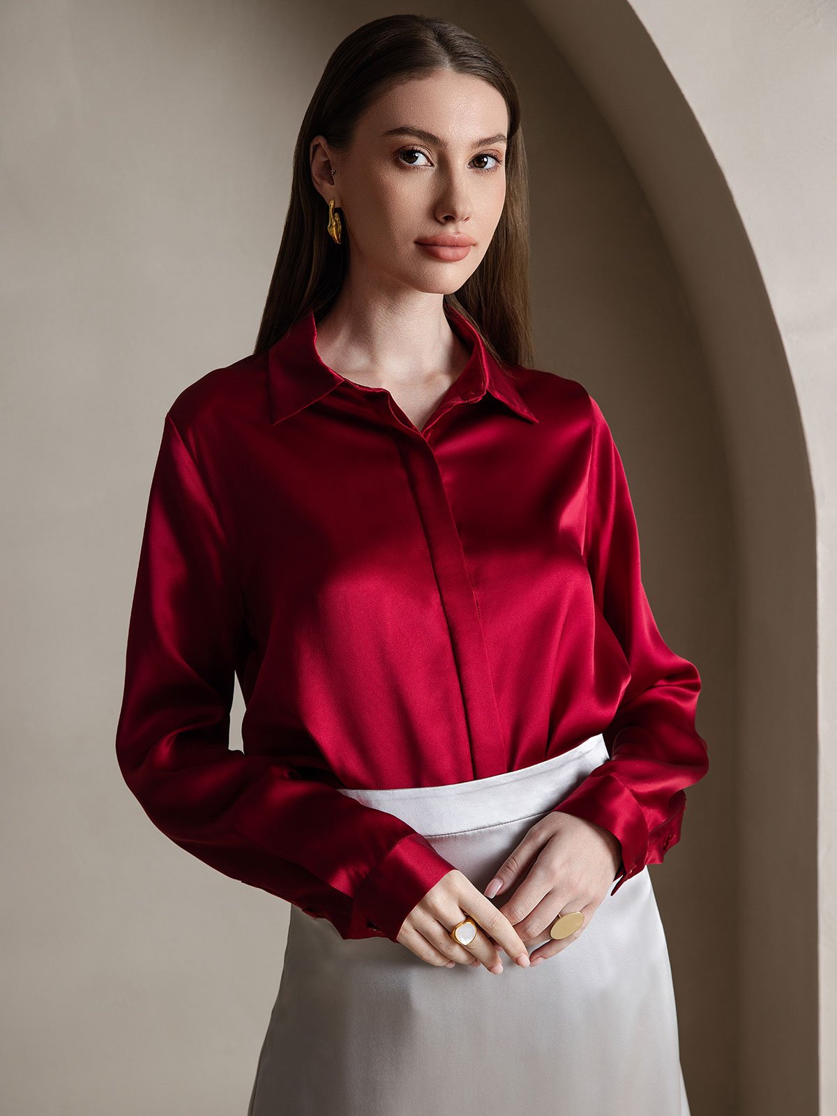 Rosstef 19Momme Silk Long Sleeve Lapel Collar Kadın Bluzu