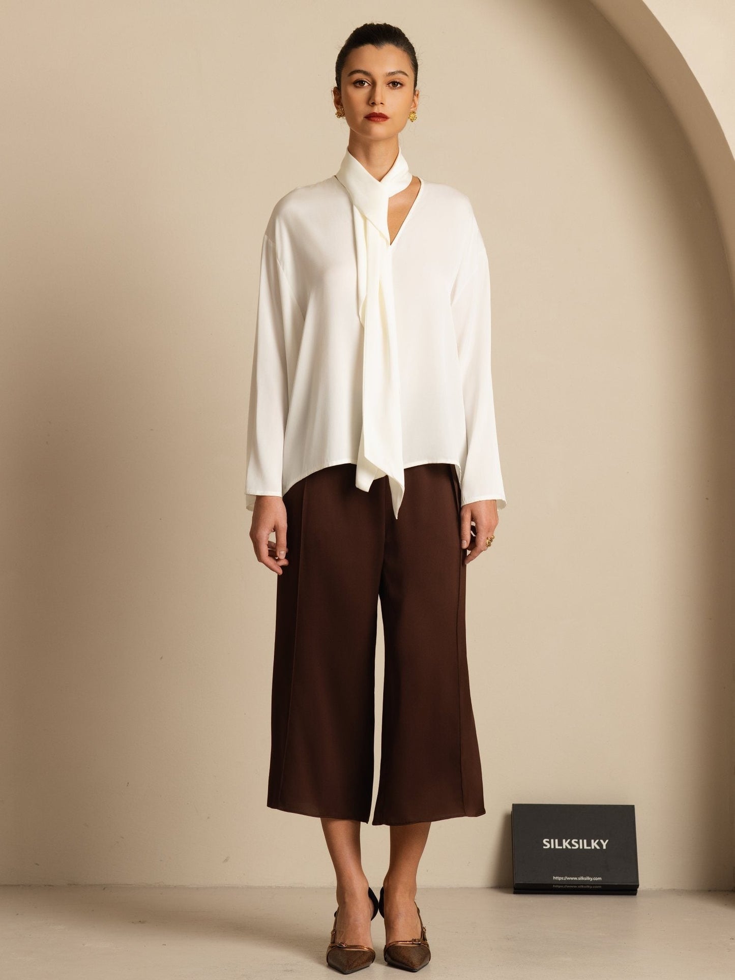 Rosstef 19Momme Stretch Silk Asimetrik V Çıkıntılı Bluz