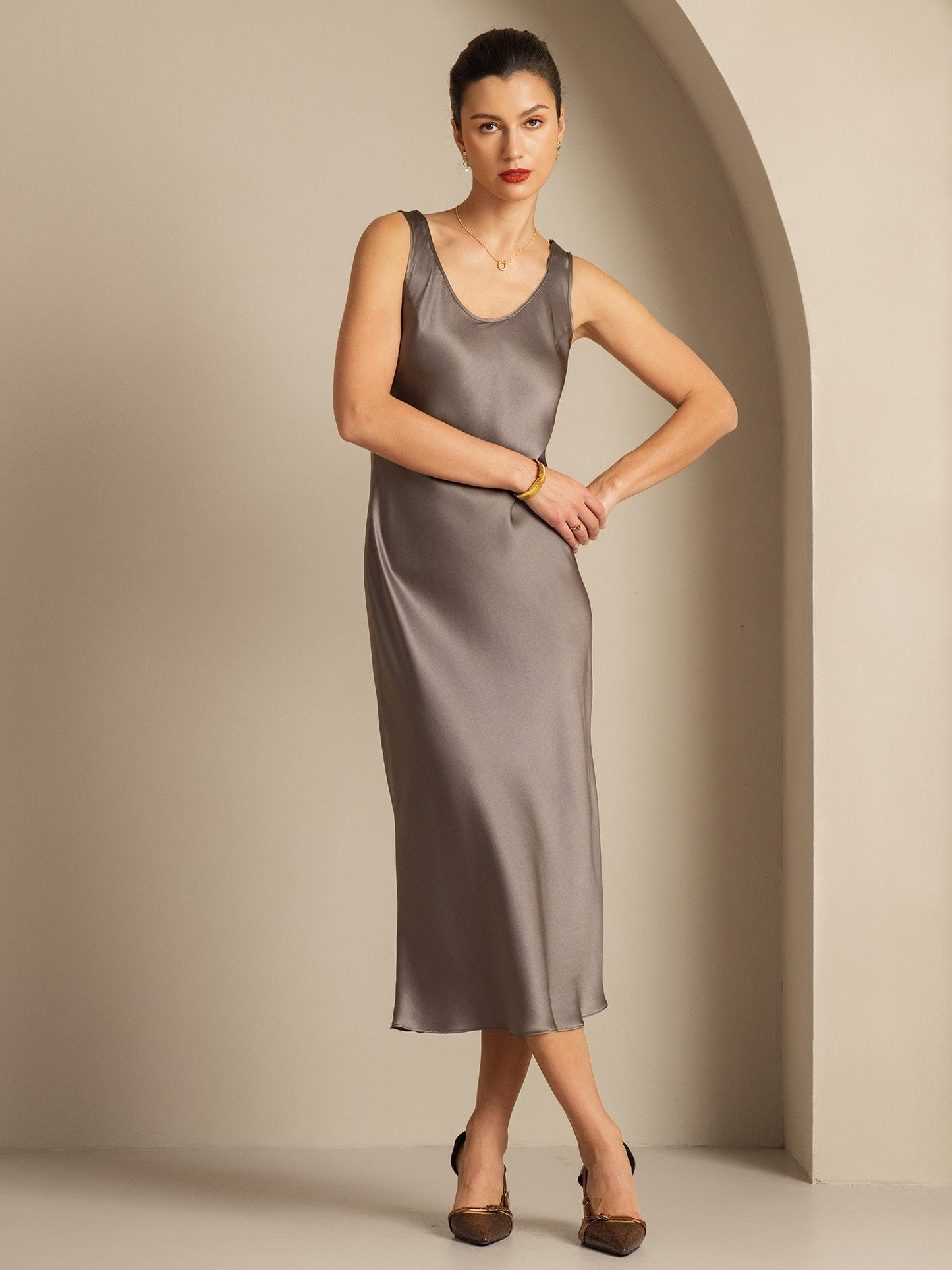 Rosstef 100% Mulberry Silk U Neck Midi Long Dress