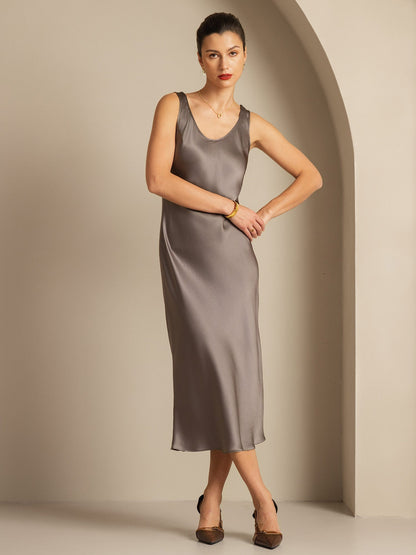 Rosstef 100% Mulberry Silk U Neck Midi Long Dress