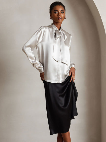 Rosstef 19Momme Silk Long Sleeve Tie Neck Blouse