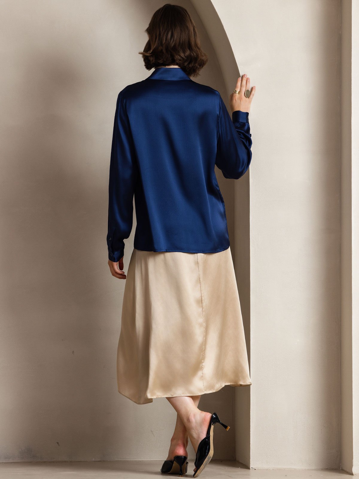 Rosstef 19Momme Silk Long Sleeve Lapel Collar Kadın Bluzu