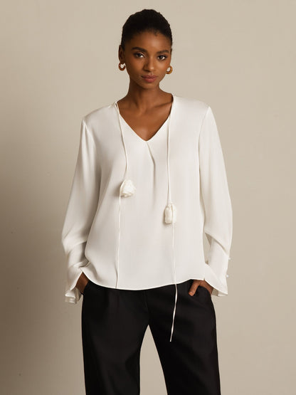 Rosstef 19Momme Stretch Silk V Neck Long Sleeve Blouse