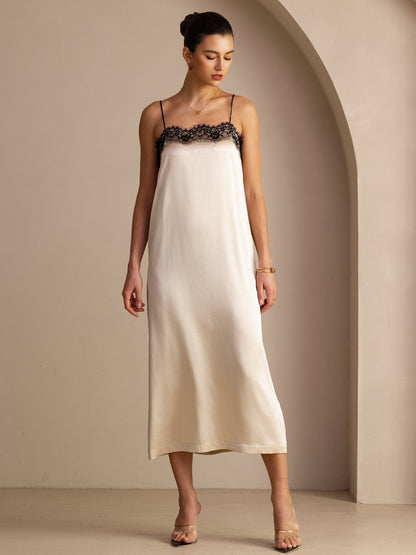 Rosstef 19Momme Silk Square Neck Spaghetti Strap Lace Midi Dress